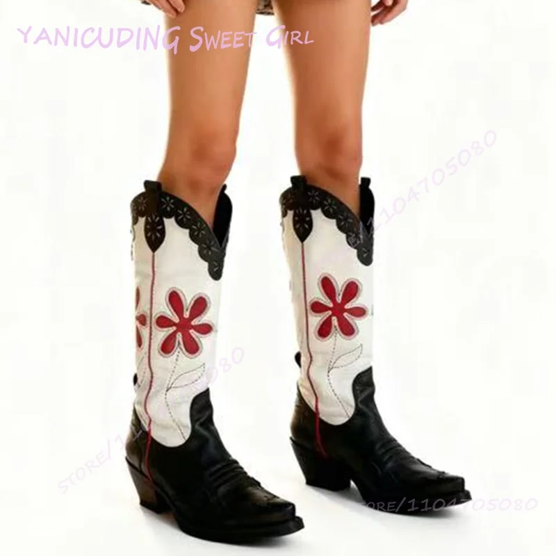 Sepatu Bot Denim Vintage Motif Bunga Wanita Kulit Hitam Putih Hak Rendah Sepatu Bot Setinggi Lutut Ujung Runcing Gaya Keren Jahitan Grafiti