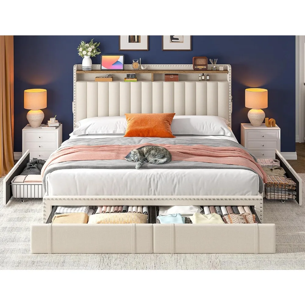 キングサイズベッドフレーム、大型収納引き出し4つ付き、ヘッドボード付き布張りベッド、2段棚、最大1200ポンドまで対応