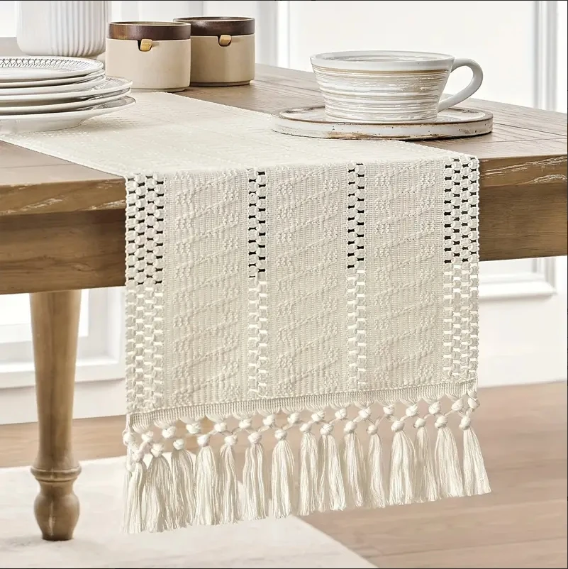 Boho Table Runner Chic Macrame Crochet With Tassels Cottob Linen Solid Color Rustic Farmhouse Style For Weddings Dining Décor