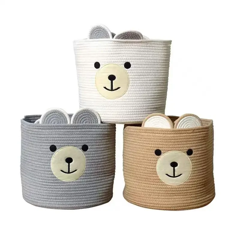 Cartoon Bear Storage Basket Cute Kids Organizer Cotton Woven Basket Kids Room Bedroom Decoration