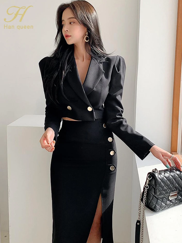 H Han Queen Hot Sale Spring Autumn 2 Pieces Set Women Cropped Blazer + Fork Pencil Skirts Casual Simple Office Lady Skirt Suit