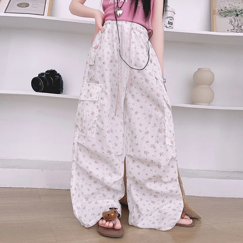 Kids New Summer Cargo Pants With Side Pockets Teen Girls Utility Pants Teenage Child Floral Printed Pants Toddler Ages 4-14Y