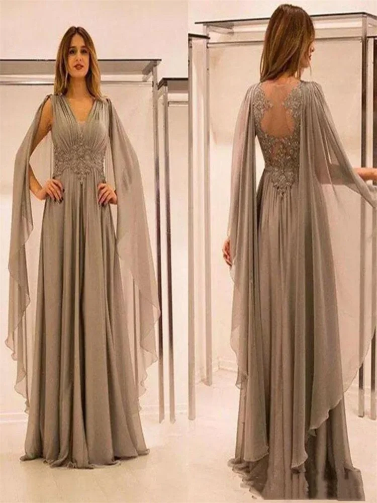 

MULONG 2023 Mother of the Bride Dresses For Wedding Gray V Neck Lace Appliques Beaded Chiffon Guest Groom Evening Party Dress