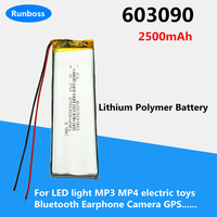 New 3.7V 2500mAh 603090 Lithium Polymer Battery For LED light MP3 MP4 electric toys Bluetooth Earphone Camera GPS POWER BANK