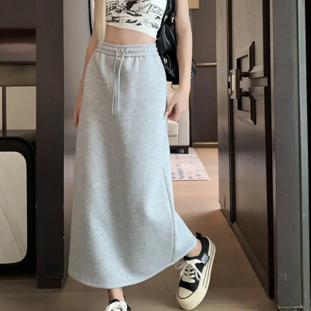 

High-Waisted Mid-Length Slimming Sports Skirt with Drawstring Style Elastic Straight Casual Autumn Winter Skirt