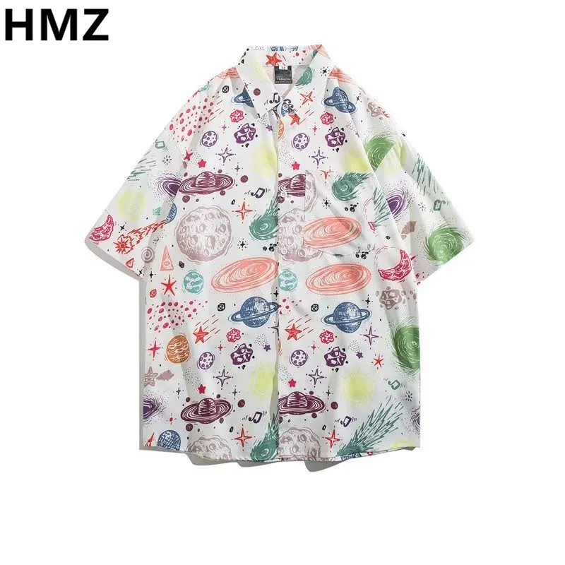 

HMZ 2023 New Summer Printing Casual Shirts Loose Floral Shirt Men Hawaiian Beach Print Short-sleeved Men High Street Clothing