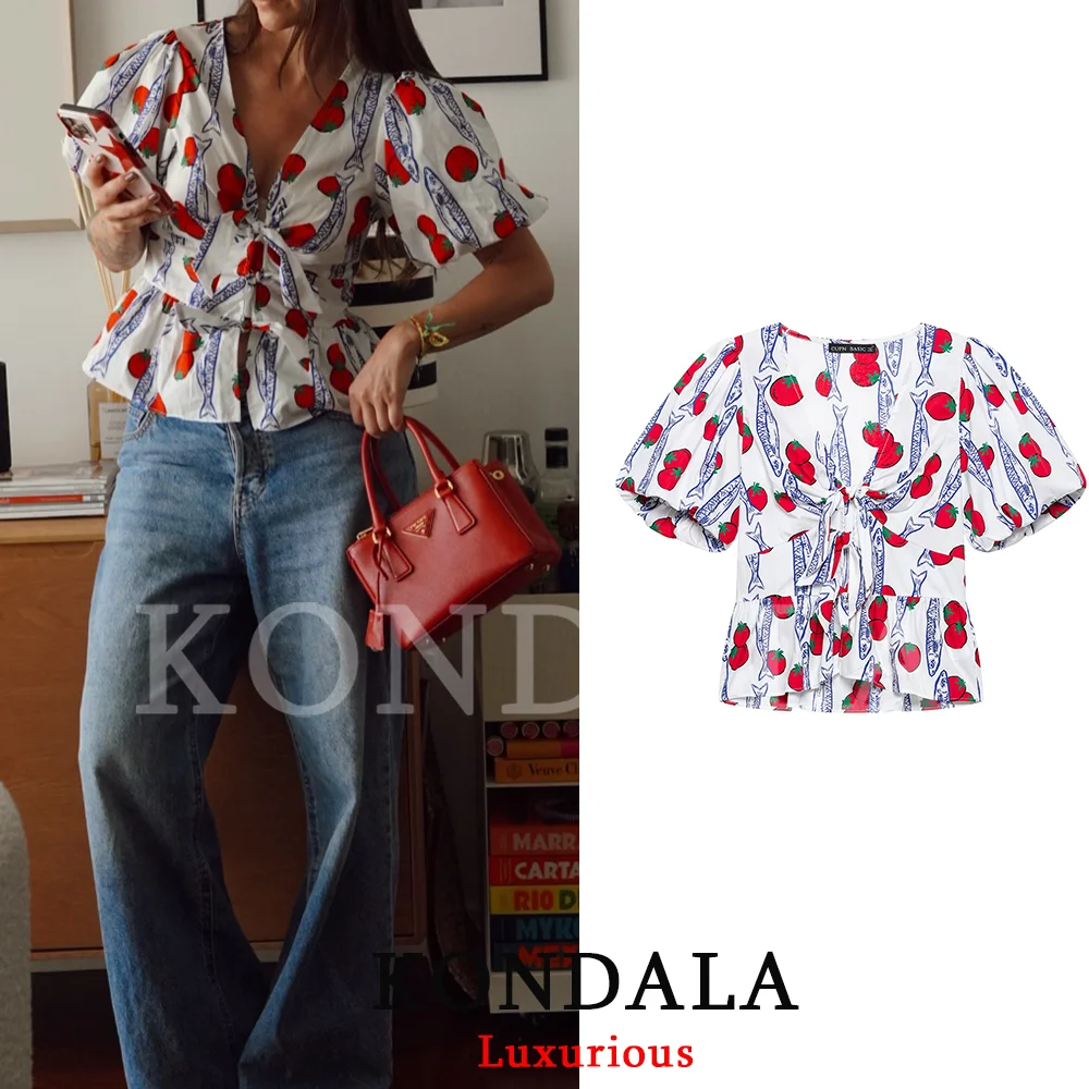 KONDALA Casual Chic Women Boho Blouse Print V-Neck Short Puff Sleeve Bow Lace-up Folds Shirts Fashion 2026 Summer Holiday Blouse