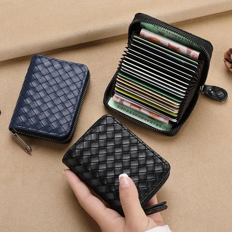 man men Leather woven card bag 2024 multi slot credit card large capacity ID card slot driver's license zipper card clip Wallet