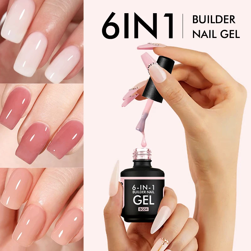 CHUNSHU-Construtor de Unhas Gel em Garrafa, Cor Neon, Construção de Unhas, Extensão Gel Polonês, Rosa Claro, Base Led UV, Top Coat, 15ml, 6in 1