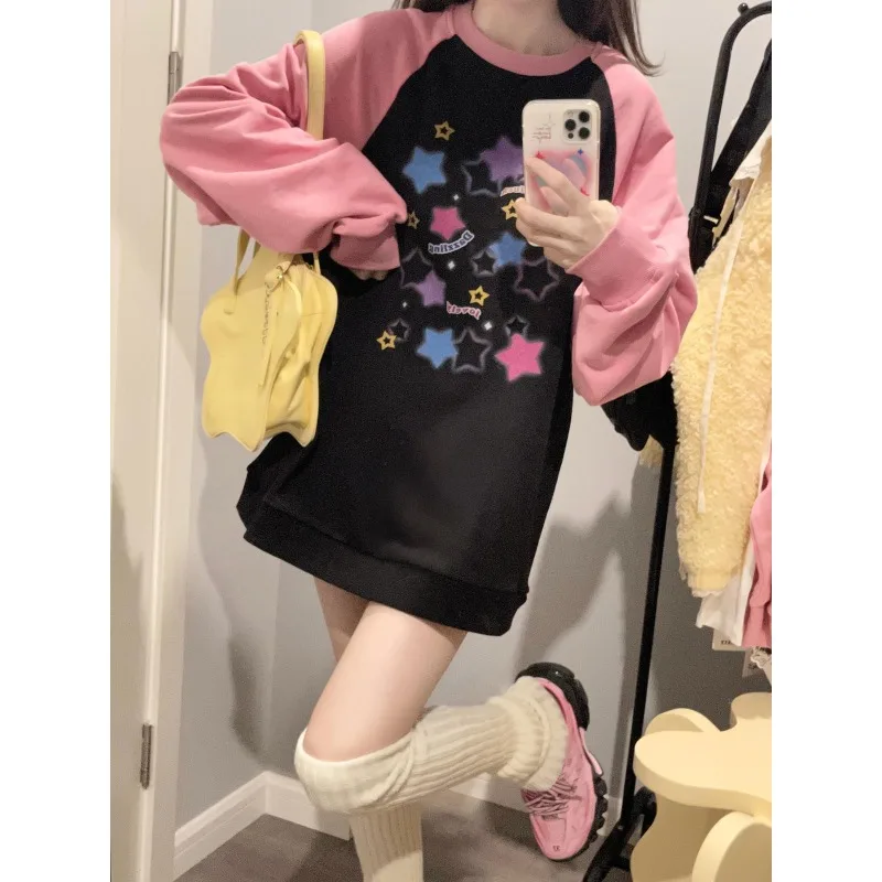 Autumn Dopamine Black Powder Color Contrast T-shirt Kawaii Subculture Printed Long Sleeve Hoodie Women's Loose Casual Blouse