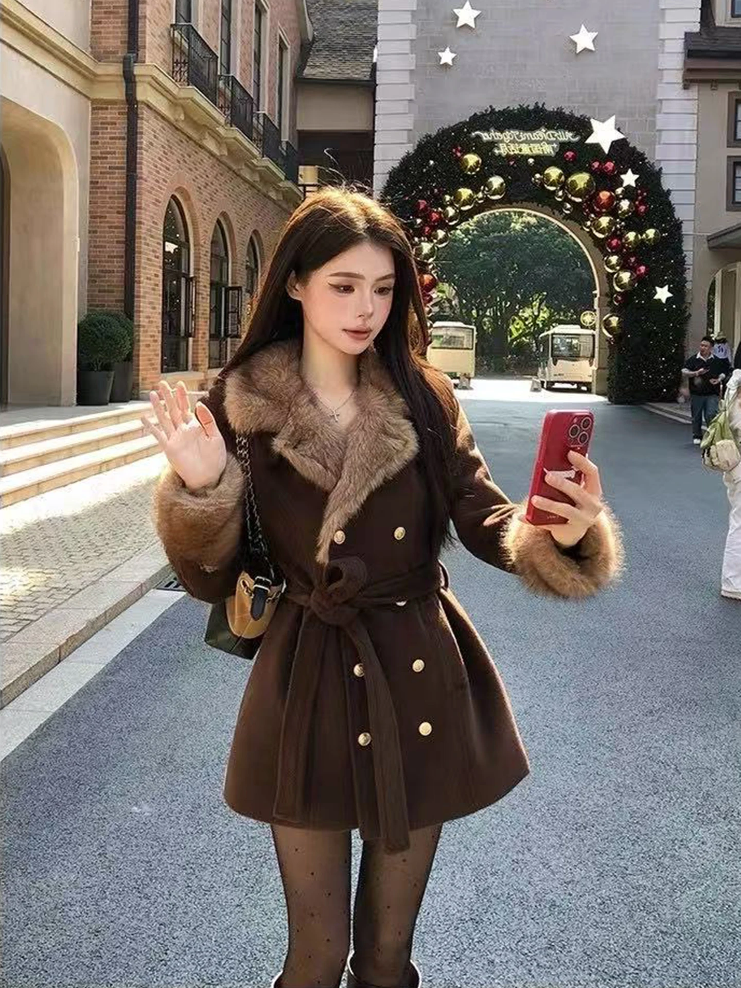 

Retro Tweed Coat Women's Belted Waist Slimming Coat Long Sleeve French Vintage Style Straight Cut Thick Winter Outerwear