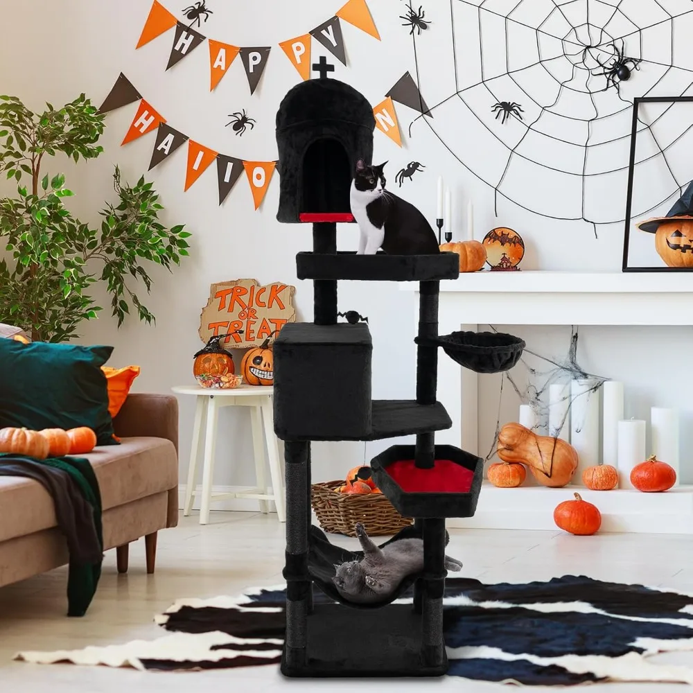 

Gothic Cat Tree, 83 Inch Tall Cat Tower with Sisal Covered Scratching Posts, 2 Coffin Beds, 2 Cat Condos, Hammock, Customized