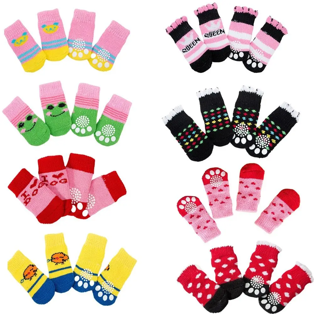 4pcs Winter Freeze-proofing Breathable Anti slip Cartoon Cat Socks Pet Foot Cover Dog Paw Protectors Puppy Socks