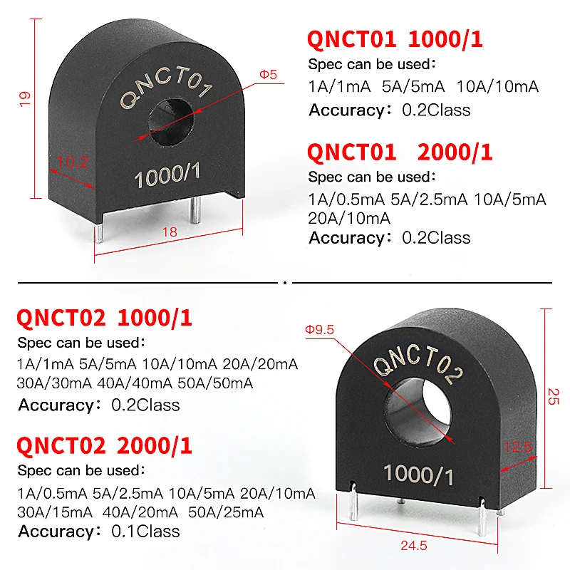 Micro Current Transformer PCB Mount CT QNCT02 10A 10mA 20A 10mA 30A 15mA 1A 0.5mA 50A 25mA 2000 1 1000 AC Mini Current Sensor