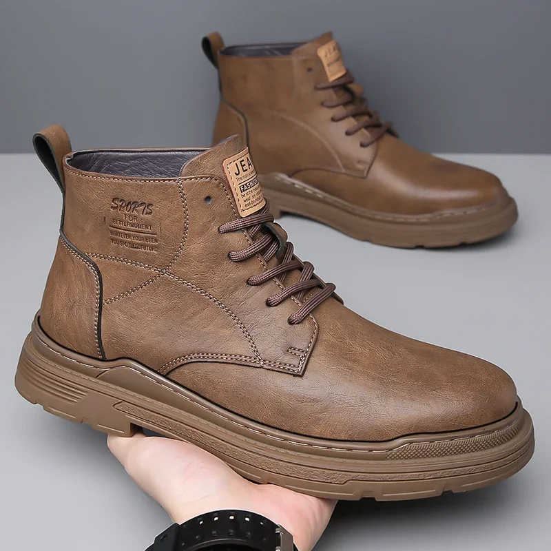 

Classic Leather Men's Ankle Boots Fashion Man High Top Shoes New Outdoor Hiking Boots Comfy Male Casual Botas Motorcycle Boots
