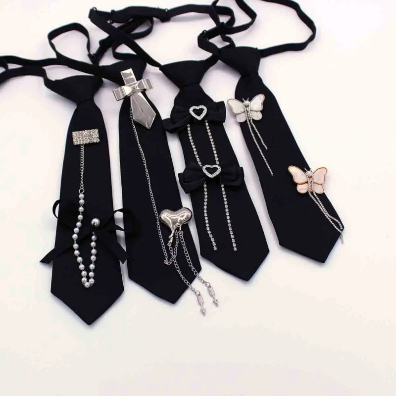 

School Girl Tie Kids Tassels Pre-tied Necktie with Rhinestones Pearls Heart Ties School Uniform Necktie JK Pre-tied Tie