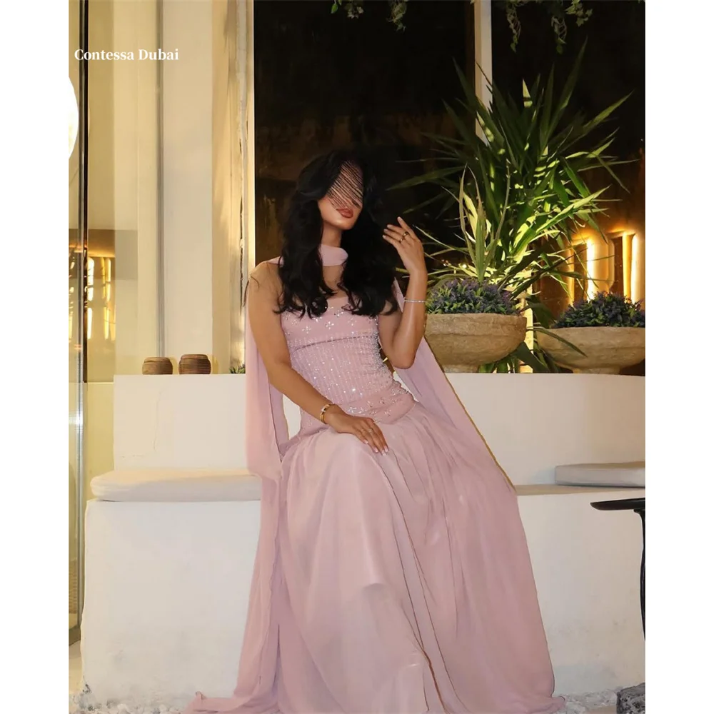 

Contessa Dubai Light Pink Low Waist Prom Dresses Strapless Detachable Neck Strap فساتين سهراتGlitter Sweep TrainSrobes de soirée