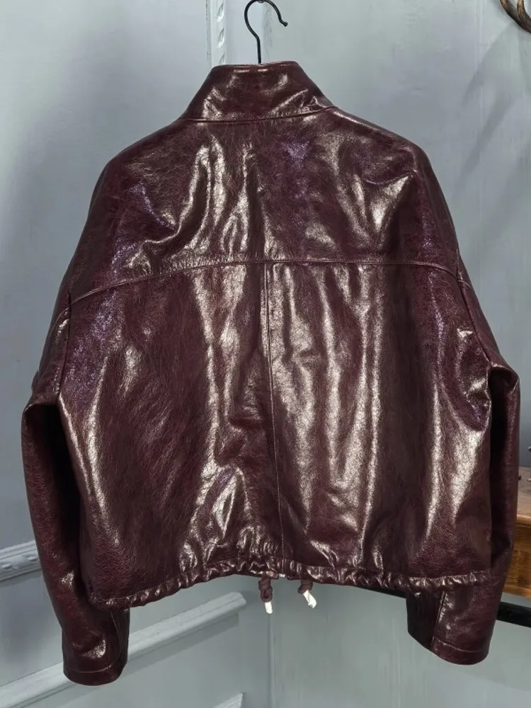 New Designer Women Zipper Stand Collar Loose Fit Bomber Jacket Autumn Motorcycle Windproof Sheepskin Genuine Leather Jacket Coat