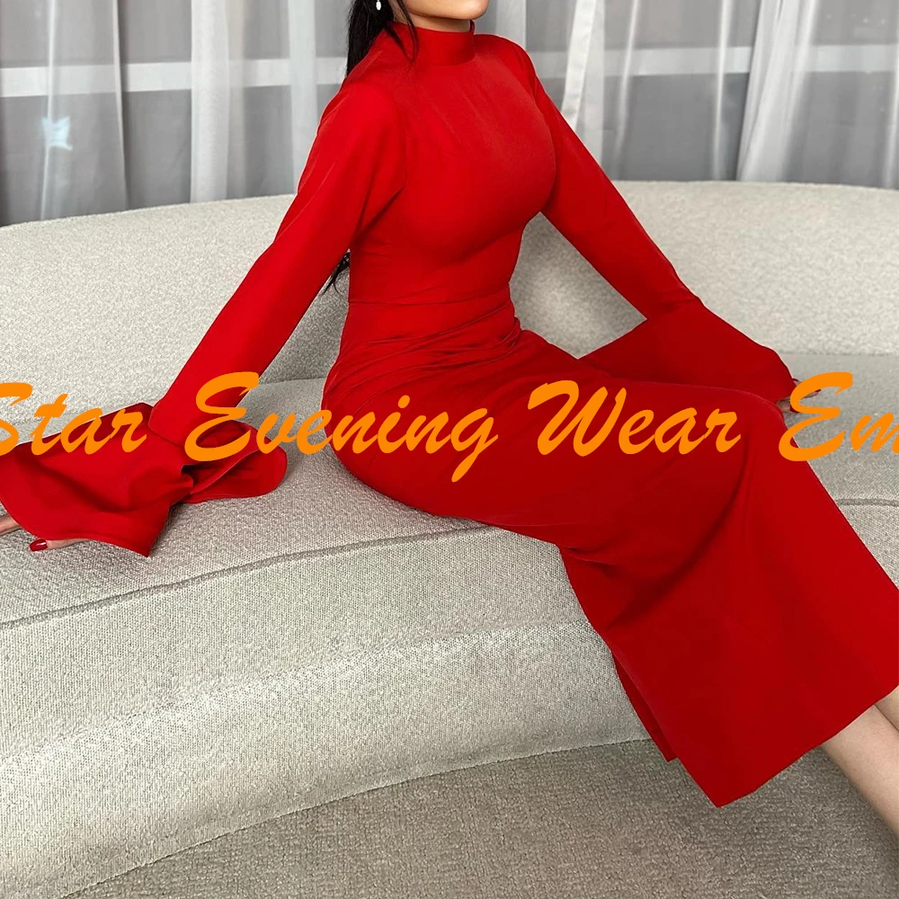 Elegant Ankle Length Flare Sleeves High Neckline Evening Dresses Exquisite Straight Red Pleats Party Gowns vestidos de fiesta