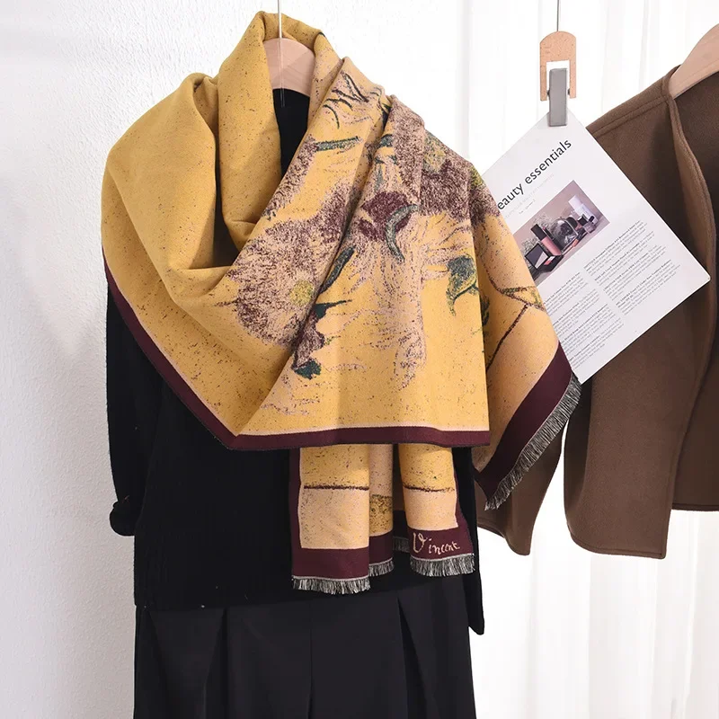 

Female Luxury Brand Cashmere Pashmina Scarf Sunflower Oil Painting Warps And Shawl Winter Thick Warm Large Travel Blanket Shawls