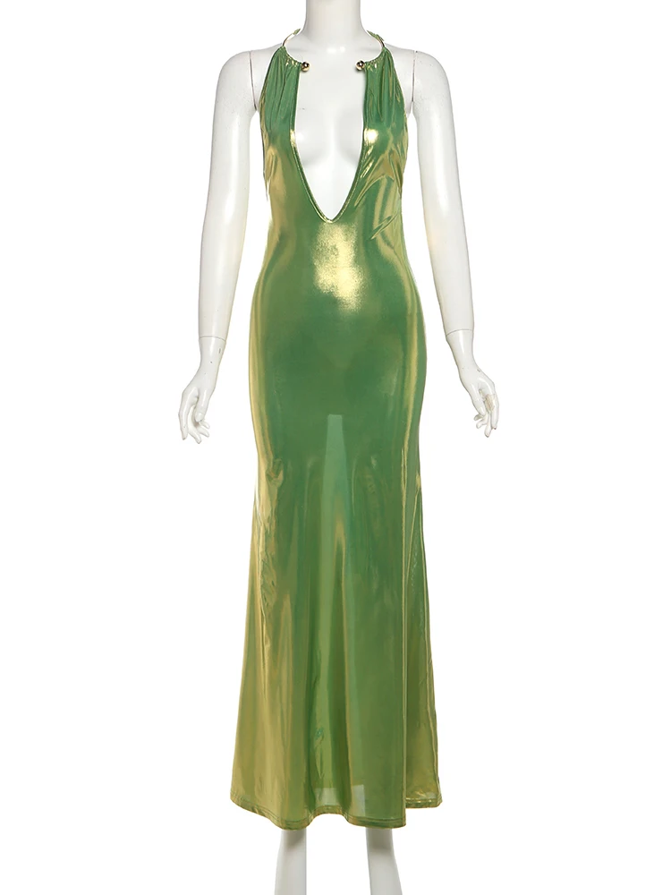 Whatiwear สร้อยคอโลหะ Maxi ชุดผู้หญิงเซ็กซี่ลึก V คอชุด Midnight Prom Party Smooth Elegant Vestidos