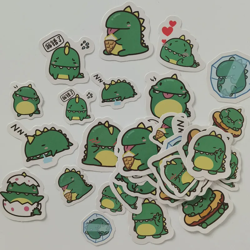 40 Pcs Cute Cartoon Green Dinosaur Decorative Stickers Retro Animal Scrapbooking Material Label Diary Art Journal Planner