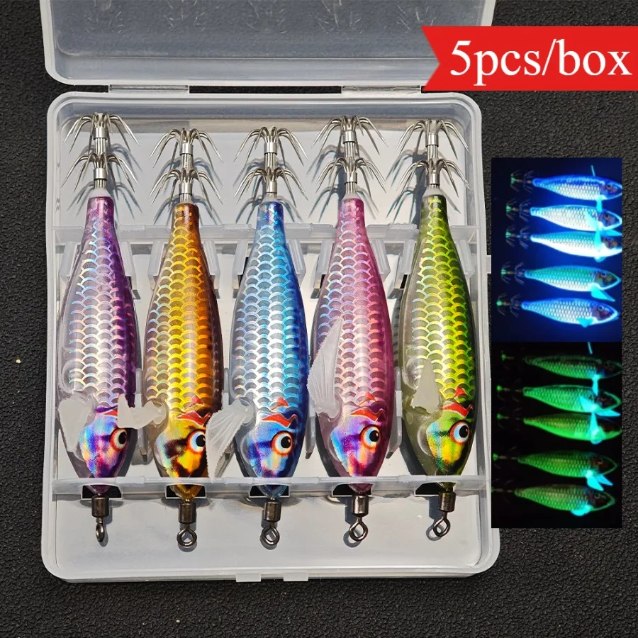 5pcs/Box Horizontal Squid Jig Egi Set Simulation Shrimp Fishing Lure Luminous Glow in Dark Octopu Cuttlefish Hook Saltwater Bait