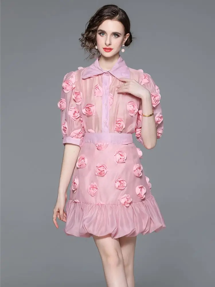 

Sweet Pink Two Piece Set Women's Outfits High Quality 3D Flower Appliques Shirt +A-line Short Skirt Suits Female