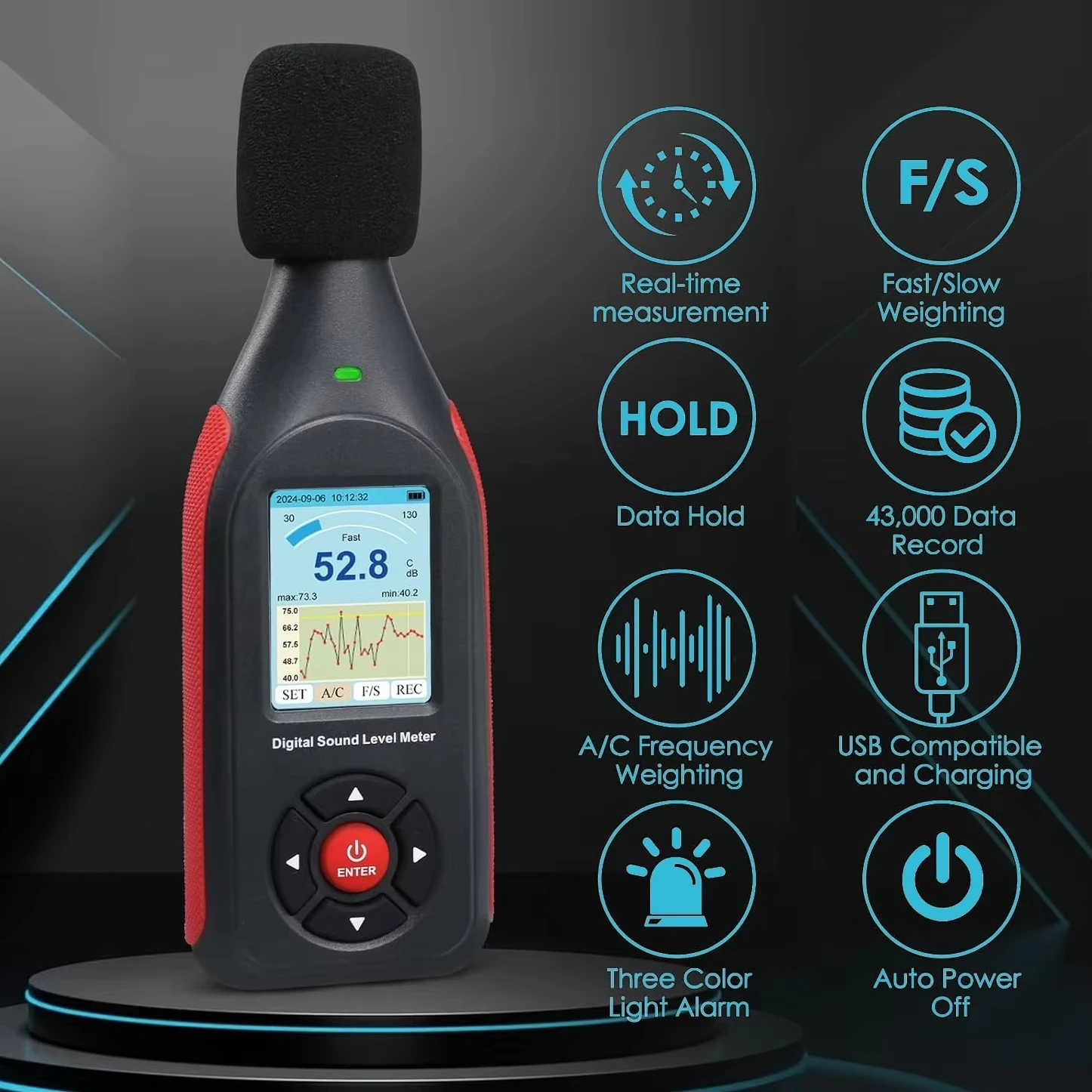 Sound Level Meter Data Logger 43000 Records USB Noise Tester 30-130dB A C Weighting for Factory Office Environment