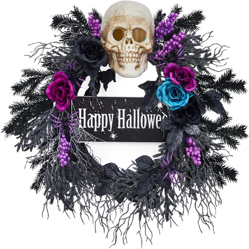 22'' Halloween Wreath for Front Door, Halloween Skull Wreath with Lights, Spooky Halloween Wreaths with Black, Blue, Purple