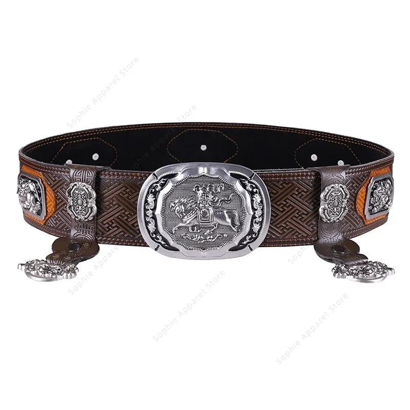 Mongolian Pure Leather Men's Belts Pegasus Auspicious Badge Waistband Traditional Mongolian Clothing Robe Accessories for Men