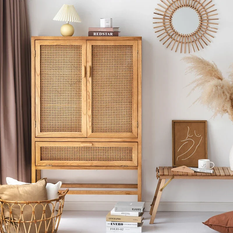 Solid wood rattan locker dining side cabinet storage cabinet bed and breakfast double door entrance cabinet