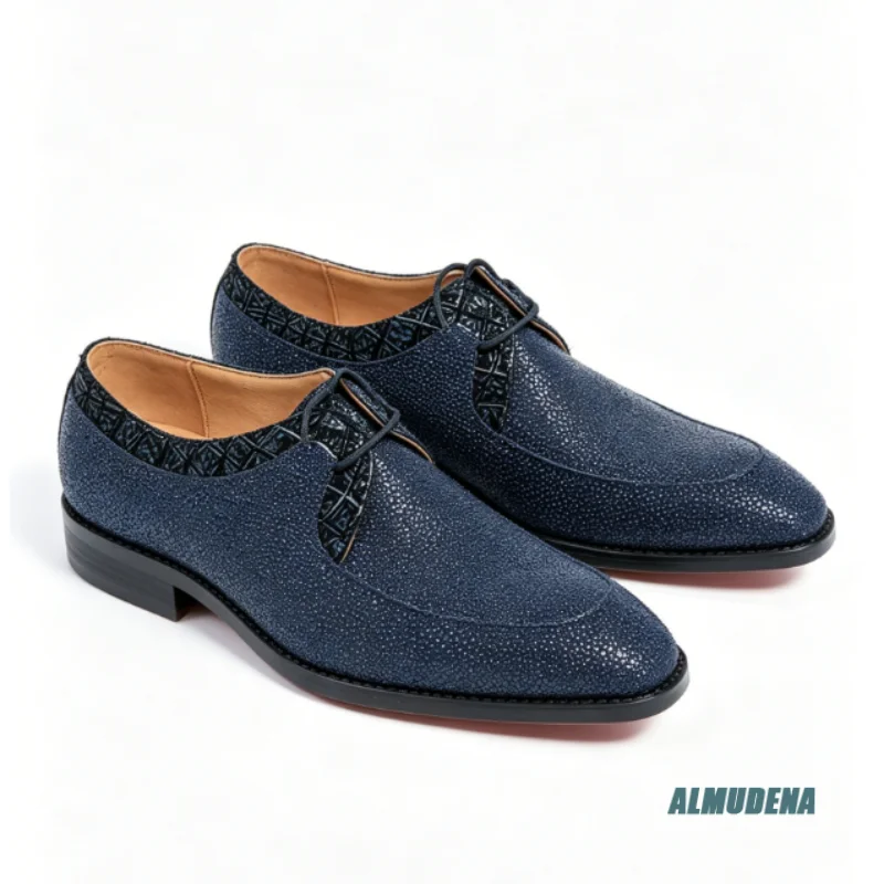 Fashion Navy Men Oxford Dress Shoes Grain Textured Leather Geometric Print Panel Lace Up Pointed Toe Party Office Formal Shoes