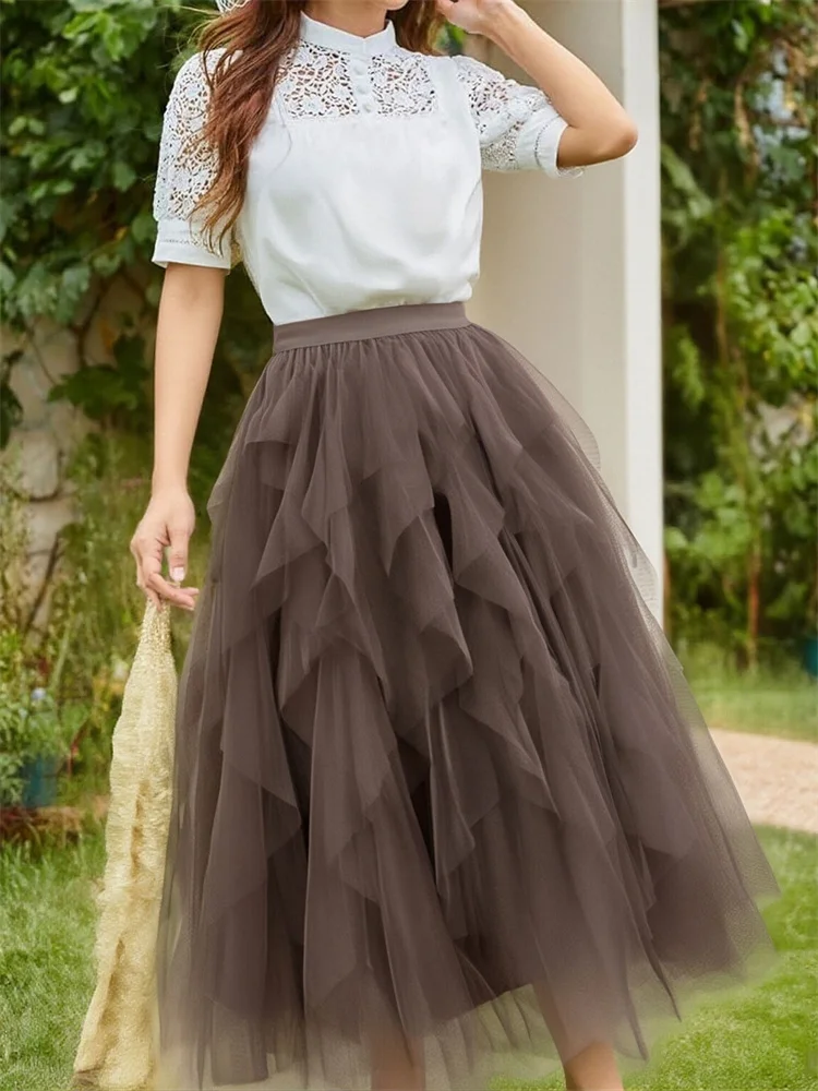 2025 Mesh Cake Midi Langer Damen-Tutu-Tüll-Maxirock Elegante Prinzessin Solide Rosa Schwarz Weiß Braun Faltenröcke mit hoher Taille