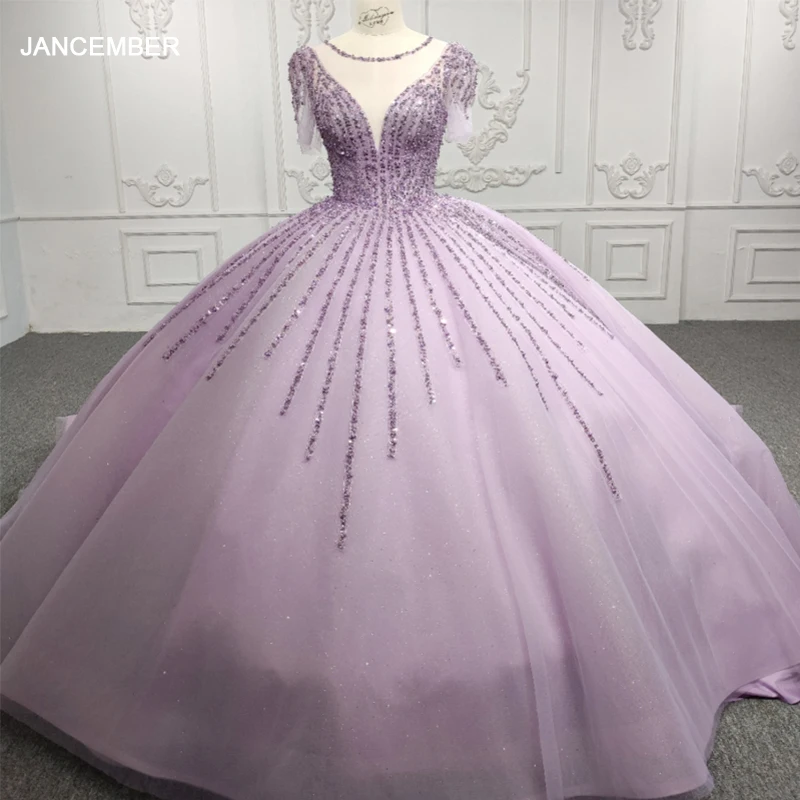 

Jancember Princess Simple Quinceanera Drss Фиолетовая органза с блестками и круглым вырезом с короткими рукавами Пол Гала-грасс Кунсены DY9919