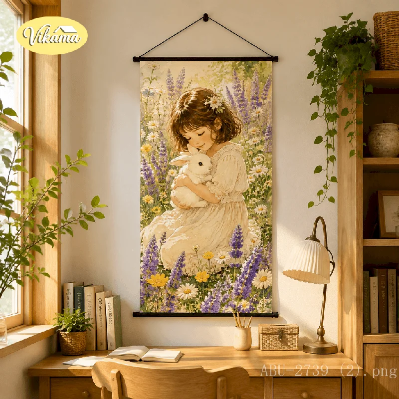 VIKAMA Watercolor Canvas Wall Art Girl Holding Rabbit Flower Field Lupine Dandelion Kids Nursery Wall Art Decor
