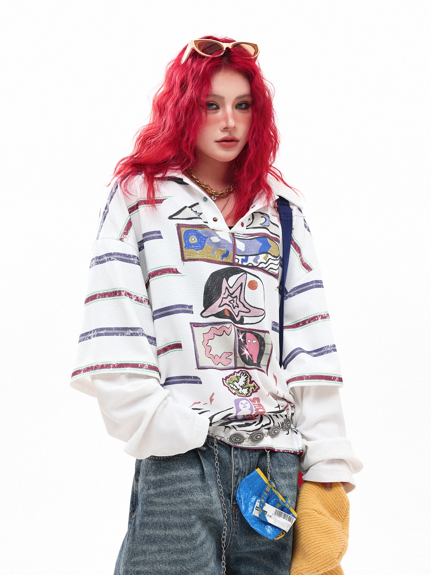 

Женская толстовка Damon Island American Lazy Color Blo fiti в полоску, имитация двухслойности, хип-хоп, приталенная, с длинным рукавом, повседневная, с принтом