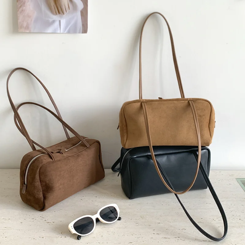 Autumn Winter Retro Bowling Shoulder Bag Solid Color Frosted Boston Handbag Simple High-quality Women's Commuter Underarm Bag