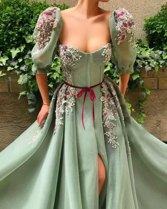 Vinca Suuny Muslim Mint Green Sweetheart Prom Dresses Belt High Slit Lace A-Line Islamic Dubai Saudi Arabic Long Evening Dresses