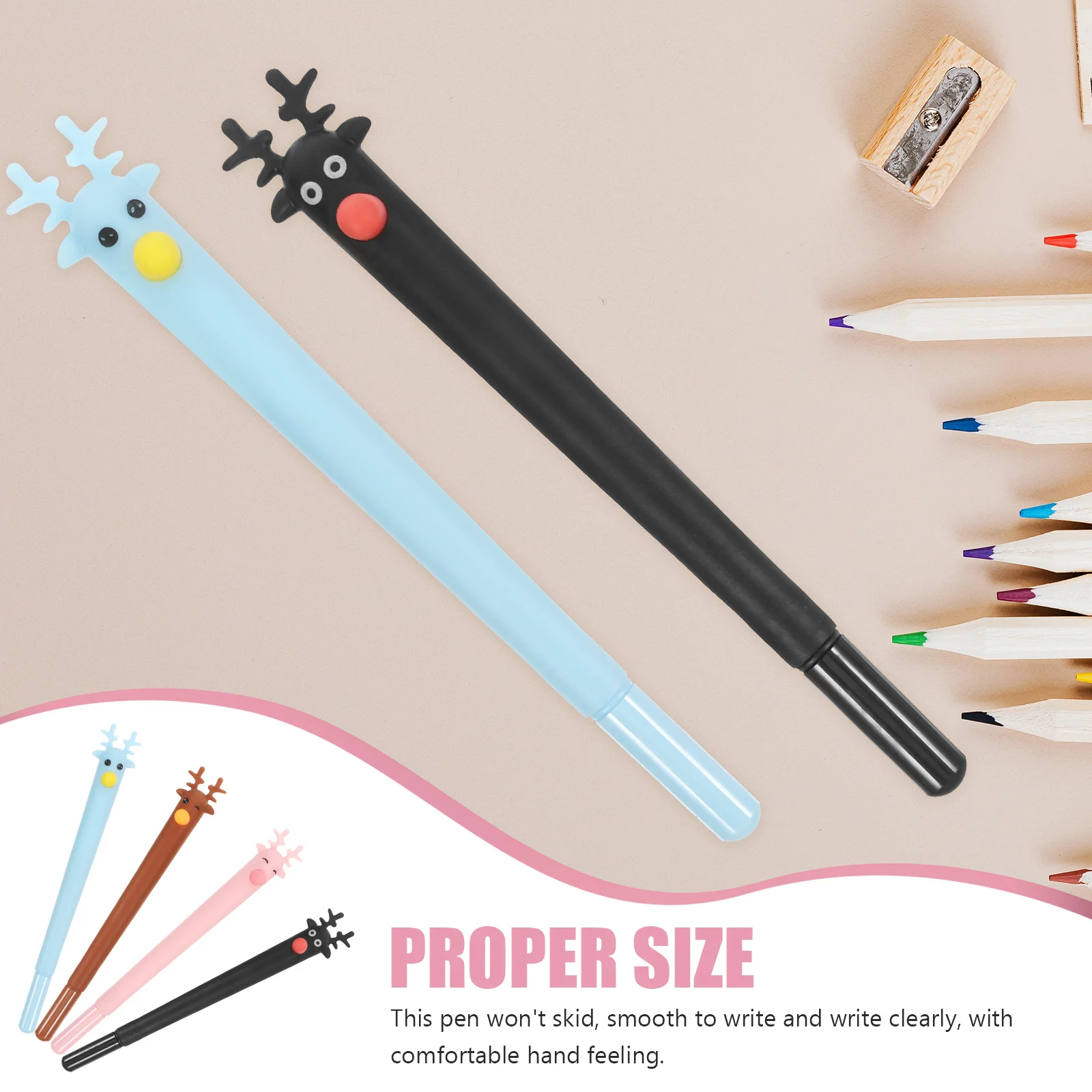 مجموعة أقلام حبر جاف بتصميم غزال مكونة من 4 قطع باللون الأزرق والأسود والبني والوردي هدية قرطاسية مكتبية إبداعية للمكتب والمدرسة