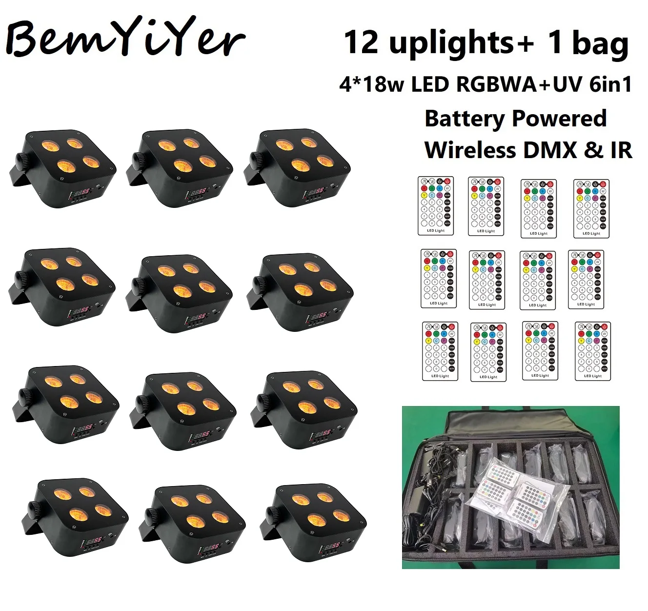 

Bemyiyer, 12 упаковок, 4x18 Вт, аккумулятор, беспроводной DMX DJ, светодиодная сумка Par Uplights для свадьбы в диджене, ИК/RGBWA + УФ, 6 в 1, сценическое освещение