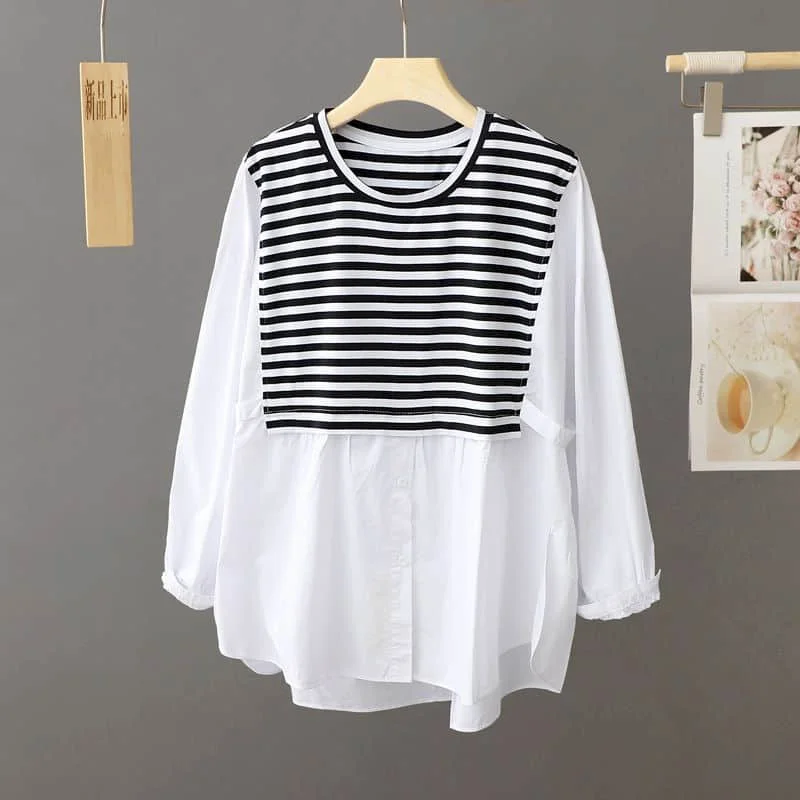 

Cotton Shirts for Women Long Sleeve Pullover Vintage Striped Patchwork Loose Casual Korean Fashion O-neck Blouse Women Tops