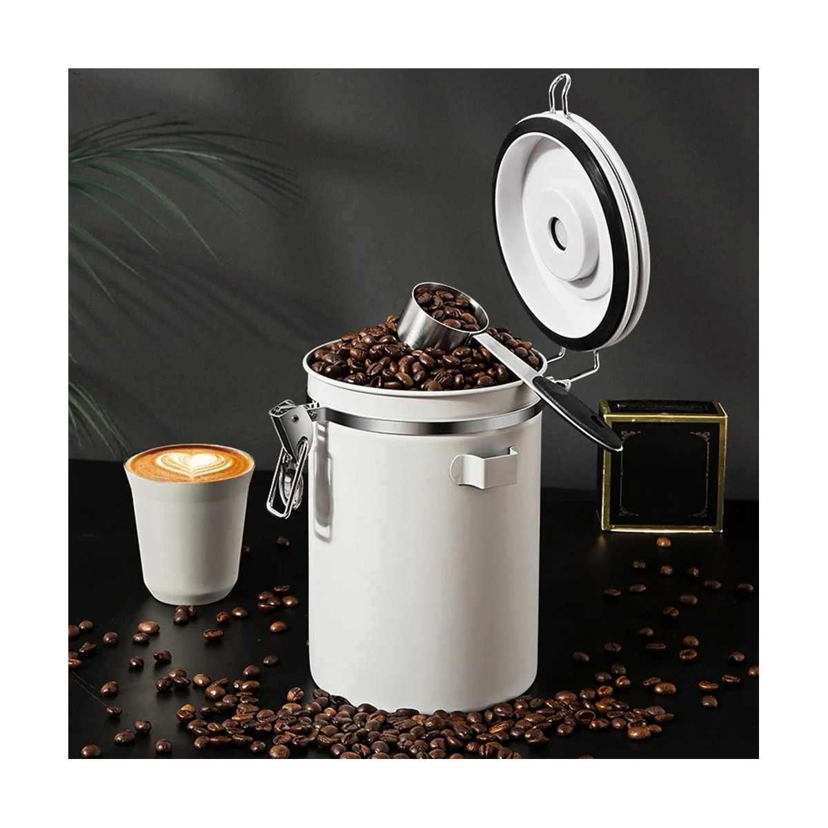 

Coffee Storage Container Stainless Steel Coffee Bean Can Sealing Coffee Filling Food Storage Container 1500ML White