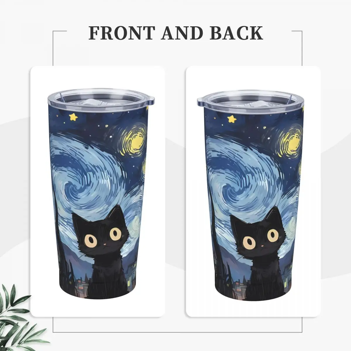 Stainless Steel Tumbler Van Gogh Oil Painting Thermal Mug Black Cat Portable Cold Drink Mugs Cup Driving Printed Water Bottle