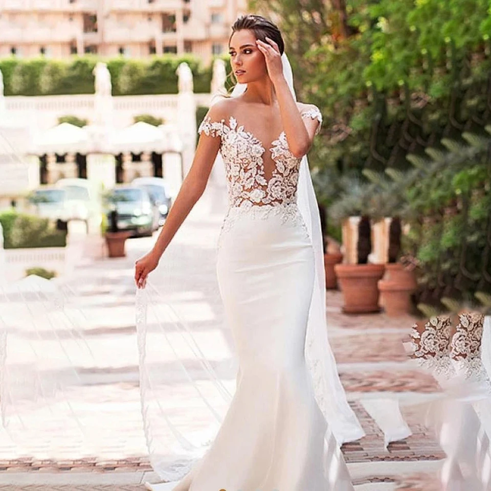 Custom Made Mermaid düğün elbisesi 2024 saten Cap Sleeve Vestido De novia dantel Bohemian gelin elbiseler ile romantik düğmeler