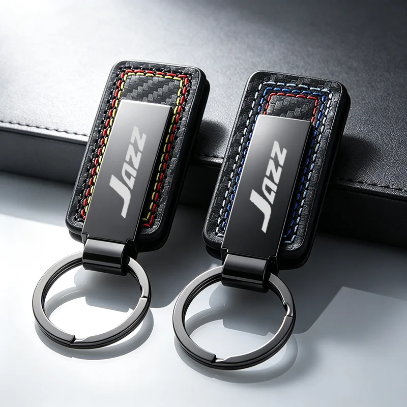 Car Keychain for Honda Jazz Logo Carbon Fiber Leather Key Fob Color Racing Stitching Key Ring Accessory Gift for Jazz Owners
