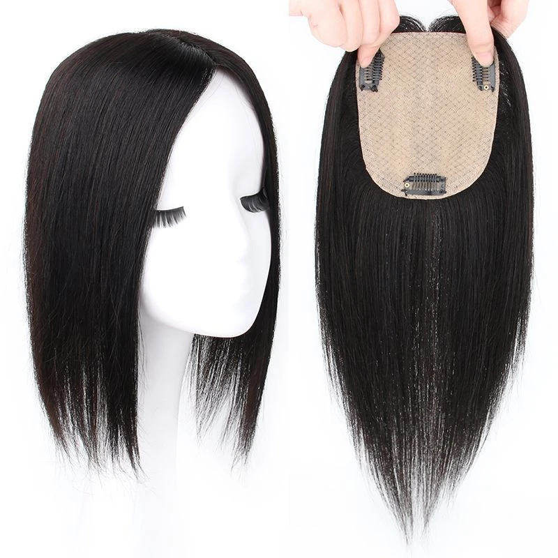 Silk Base Hair Toppers Natural 100% Brazilian Human Hair Topper Wigs For Women Straight Hair Piece With Clips In Natural Color