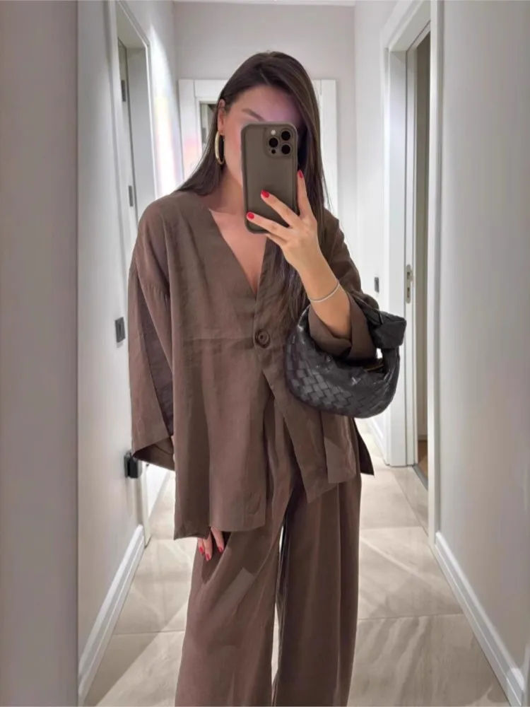 

Leisure Solid Color Two-piece Set For Woman Fashion One Button Long Sleeves Top Long Pants Outfit Autumn Winter Lady Office Suit