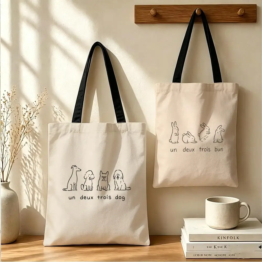 French Animal Count Storage Bags Double-Sided Printed Canvas Tote Bag Eco-Friendly Reusable Large Capacity Handbag