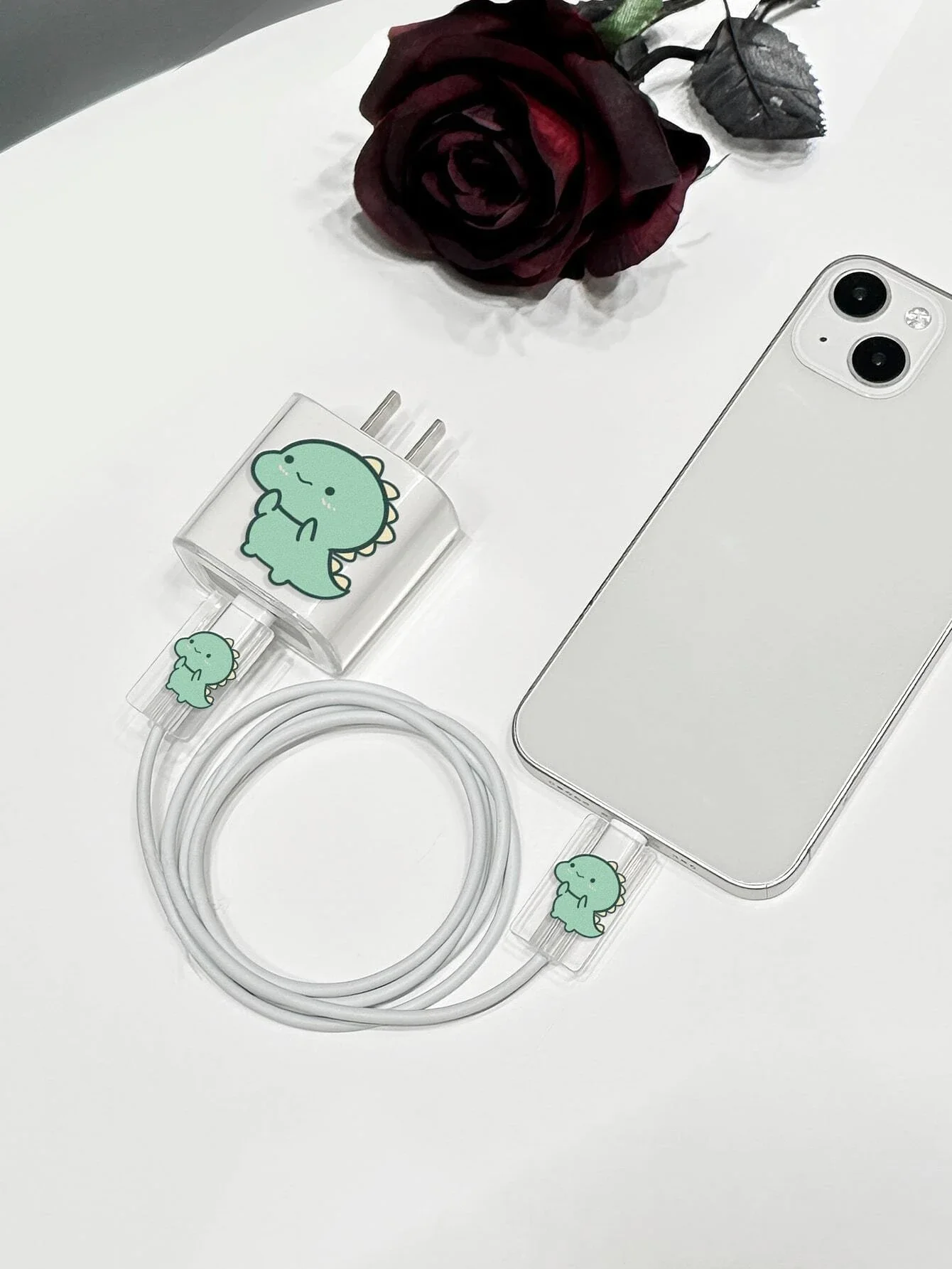 Cute Green Dinosaurs  Charger Protector For Apple 18W/20W Charger Cable Organizer  Wrap Anti-bite Line Cord Clear Cover